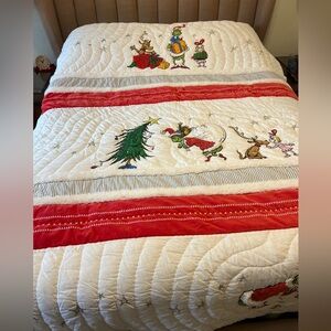 Pottery Barn Twin Grinch Christmas Quilt Appliqué & Embroidered